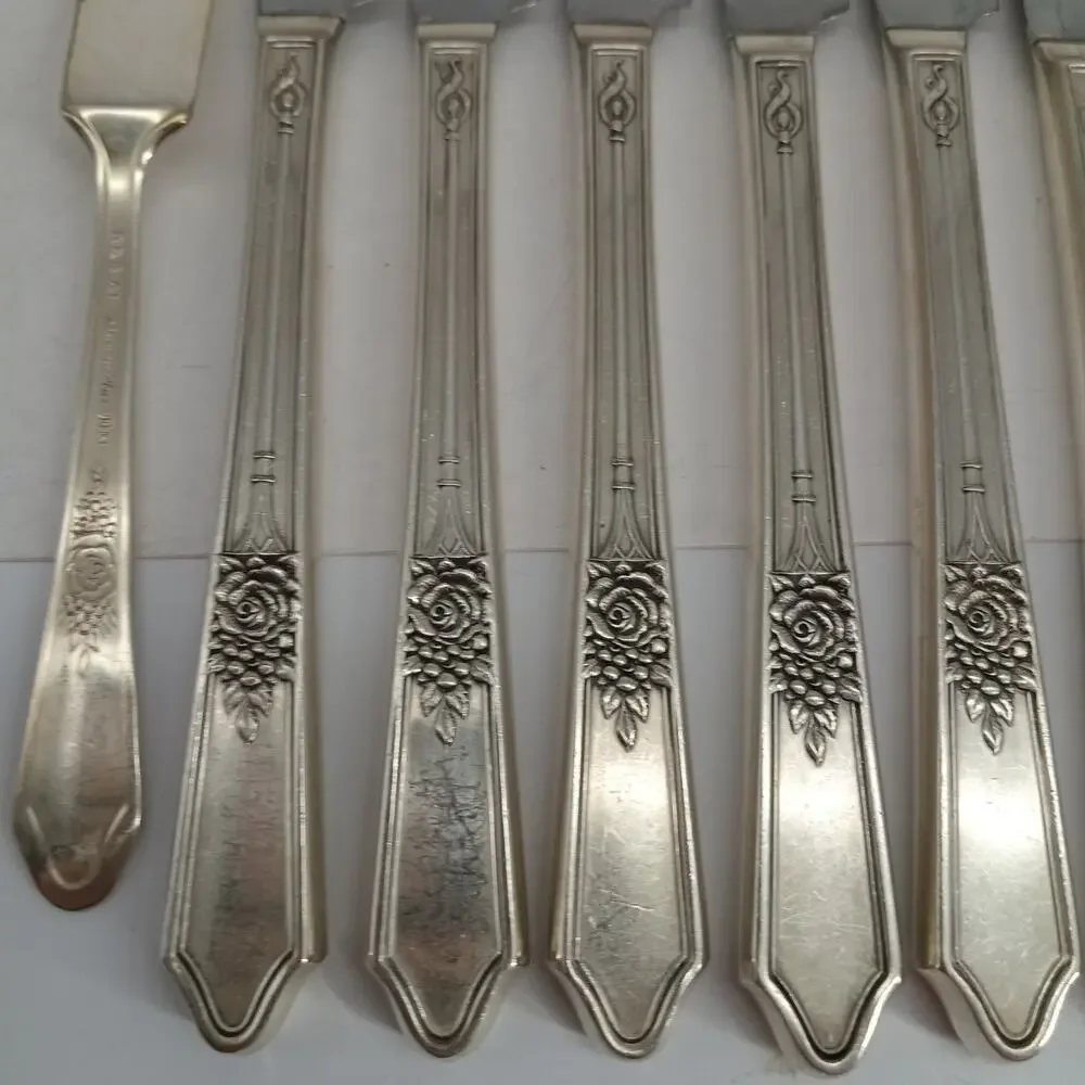 8+1X BK Vtg Manor Plate Triple Rose Rosedale Butter Knives Silverplate